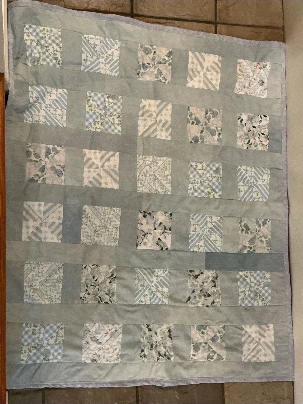 Handmade Light Blue Patchwork Quilt - Soft Floral & Stripe Design